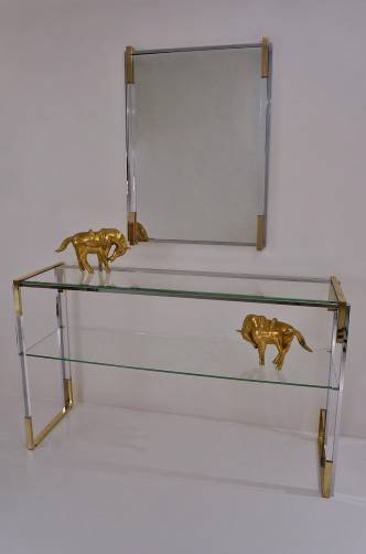 Pierre Cardin console table & mirror, chrome, gilt, Lucite, 1970`s